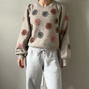 Beige Sweater with Floral Embroidery